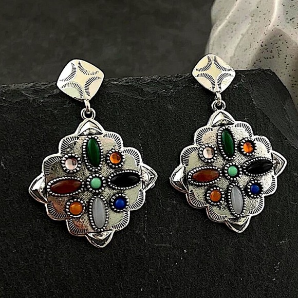 Vintage Multicolor Handmade Earrings, Silver Gemstone - Picture 4 of 7